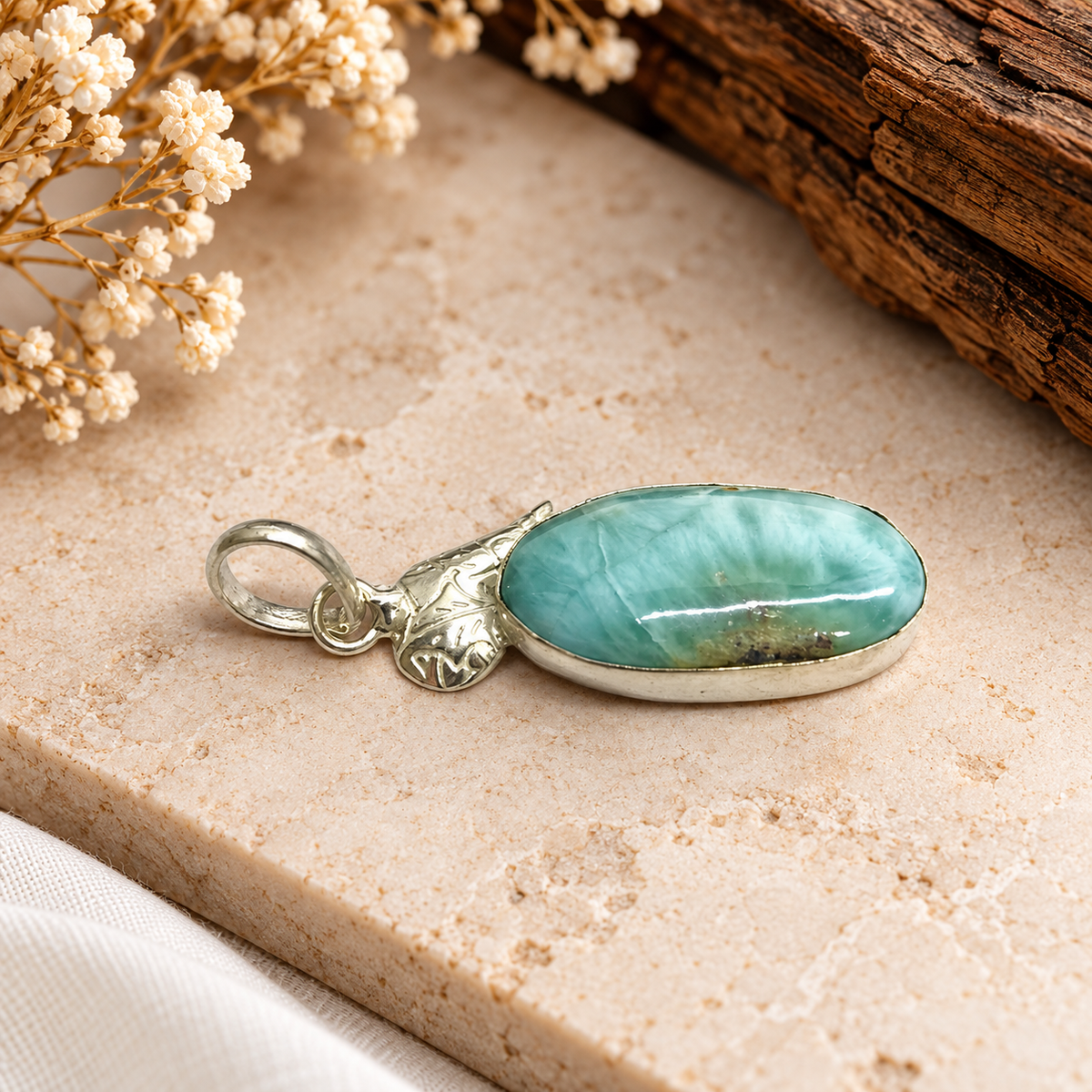 Larimar Blue Oval Gemstone Pendant Silver Tone Jewelry PEN645-SLV-NLAR01