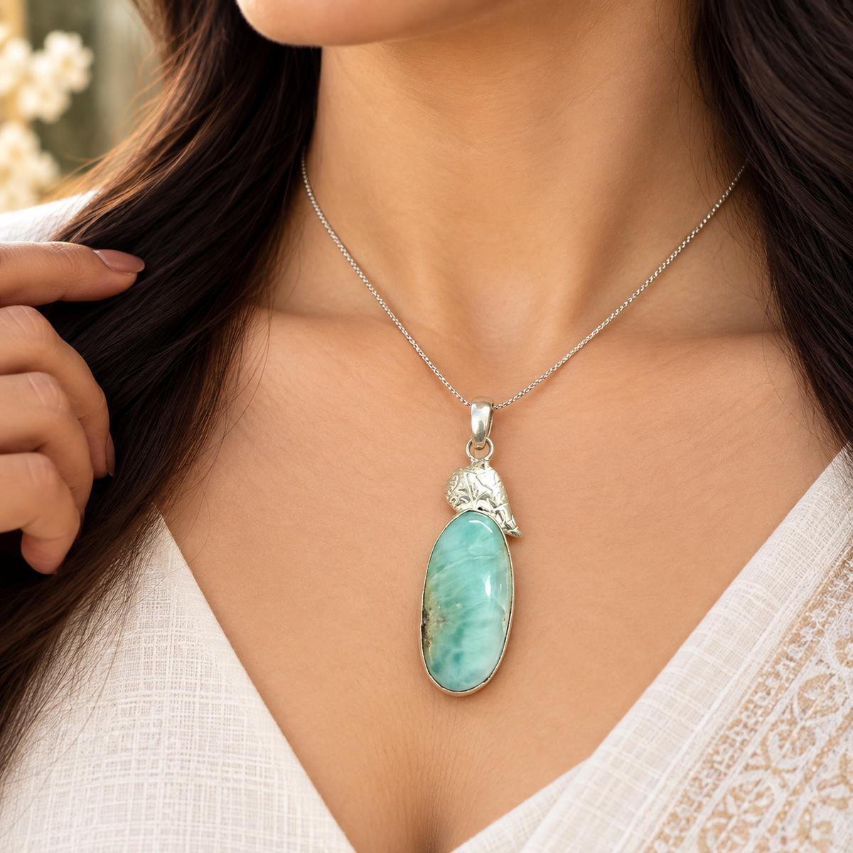 Larimar Blue Oval Gemstone Pendant Silver Tone Jewelry PEN645-SLV-NLAR01