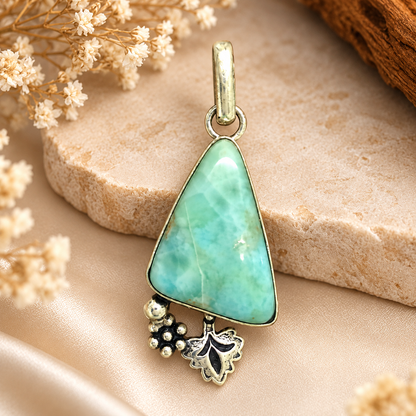 Larimar Blue Oval Gemstone Pendant Silver Tone Jewelry PEN646-SLV-NLAR01