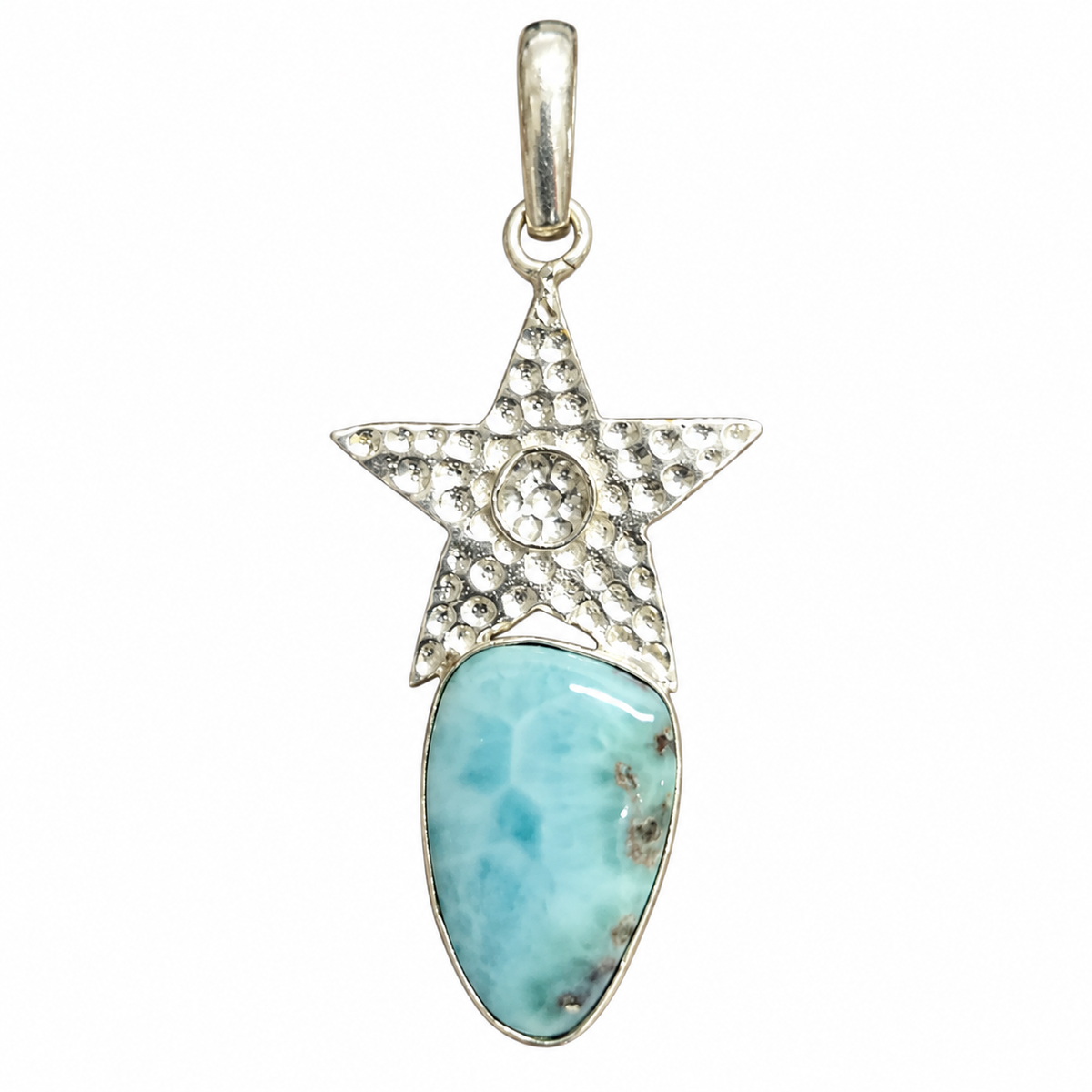 Larimar Blue Gemstone Star Design Silver Tone Pendant PEN647-SLV-NLAR01