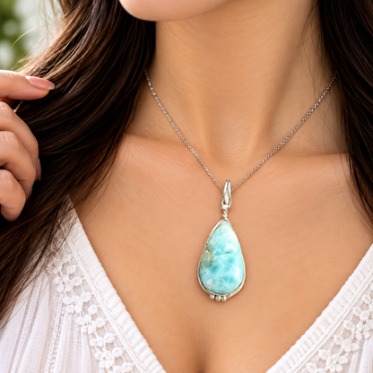 Larimar Blue Pear Gemstone Silver Tone Elegant Pendant PEN648-SLV-NLAR01
