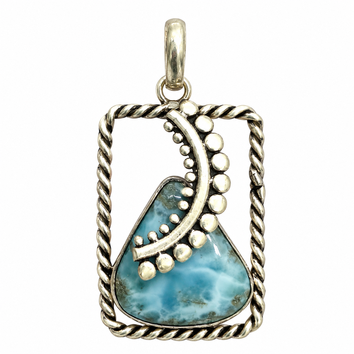 Boho Silver-Tone Larimar Gemstone Pendant PEN649-SLV-NLAR01