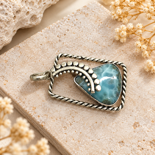 Boho Silver-Tone Larimar Gemstone Pendant PEN649-SLV-NLAR01