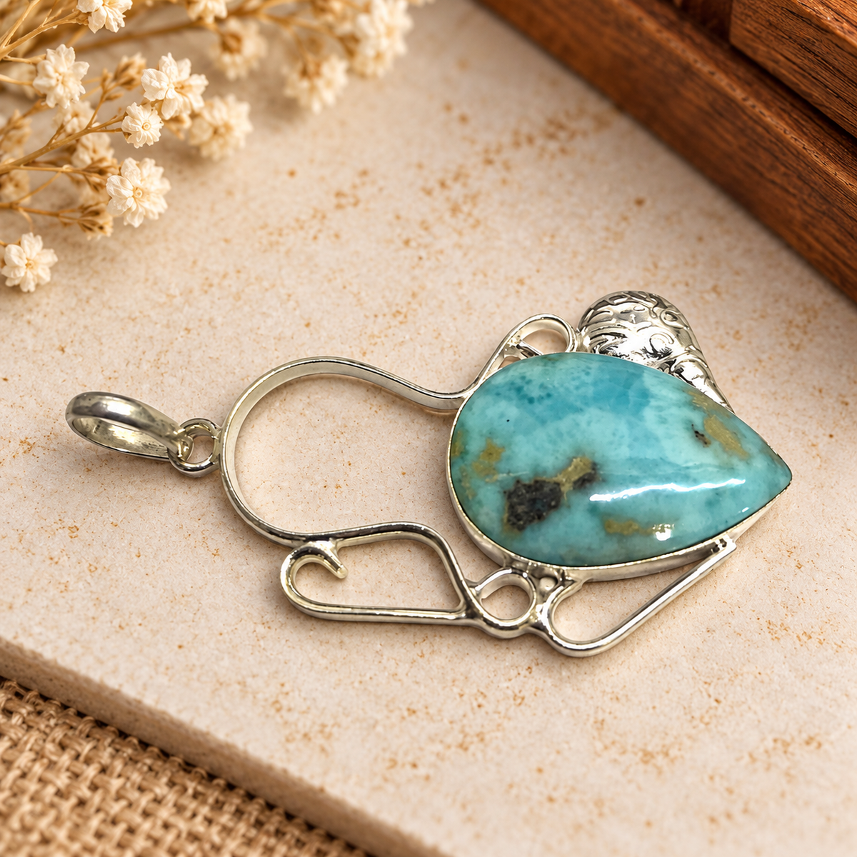 Boho Silver-Tone Teardrop Larimar Pendant PEN650-SLV-NLAR01