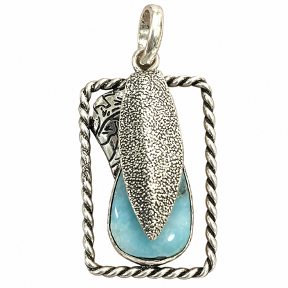 Boho Silver-Tone Textured Larimar Pendant PEN651-SLV-NLAR01