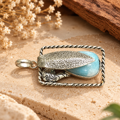 Boho Silver-Tone Textured Larimar Pendant PEN651-SLV-NLAR01