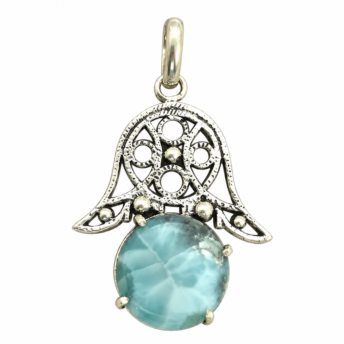 Boho Silver-Tone Filigree Larimar Pendant PEN652-SLV-NLAR01