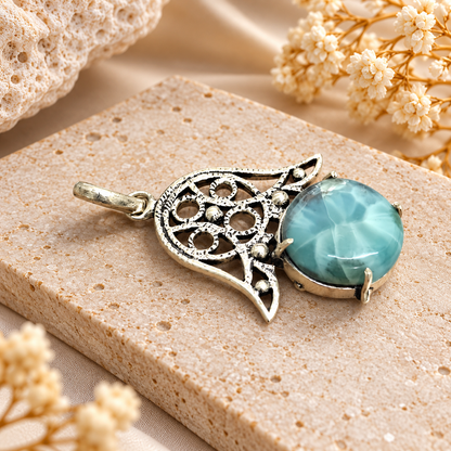 Boho Silver-Tone Filigree Larimar Pendant PEN652-SLV-NLAR01