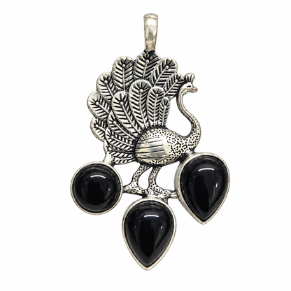 Boho Silver-Tone Peacock Black Onyx Pendant PEN653-SLV-NBO03