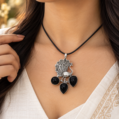 Boho Silver-Tone Peacock Black Onyx Pendant PEN653-SLV-NBO03