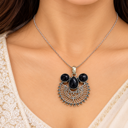 Black Onyx Silver Pendant for Women Ethnic Jewelry PEN654-SLV-NBO03