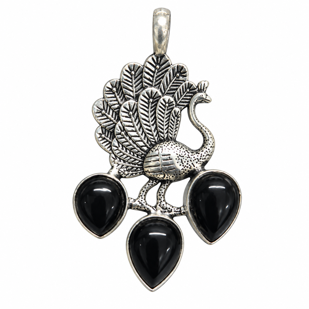 Vintage Silver-Tone Peacock Black Onyx Pendant PEN655-SLV-NBO03