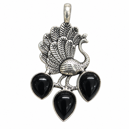 Vintage Silver-Tone Peacock Black Onyx Pendant PEN655-SLV-NBO03