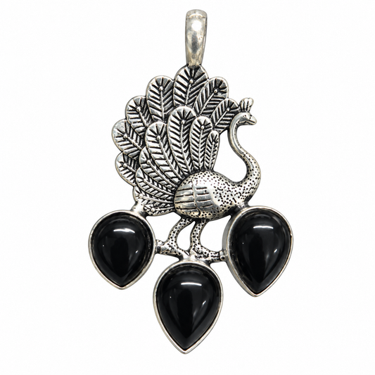 Vintage Silver-Tone Peacock Black Onyx Pendant PEN655-SLV-NBO03