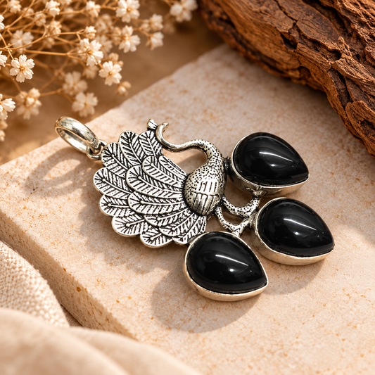 Vintage Silver-Tone Peacock Black Onyx Pendant PEN655-SLV-NBO03