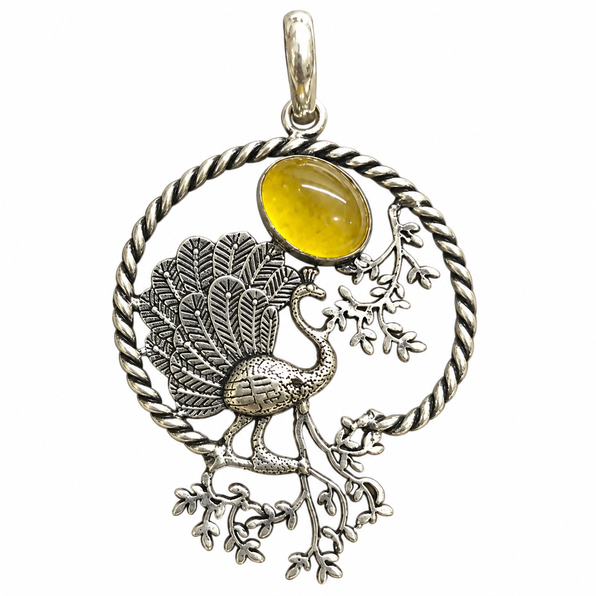 Boho Silver-Tone Peacock Yellow Onyx Pendant PEN656-SLV-NYO01