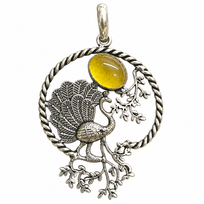Boho Silver-Tone Peacock Yellow Onyx Pendant PEN656-SLV-NYO01