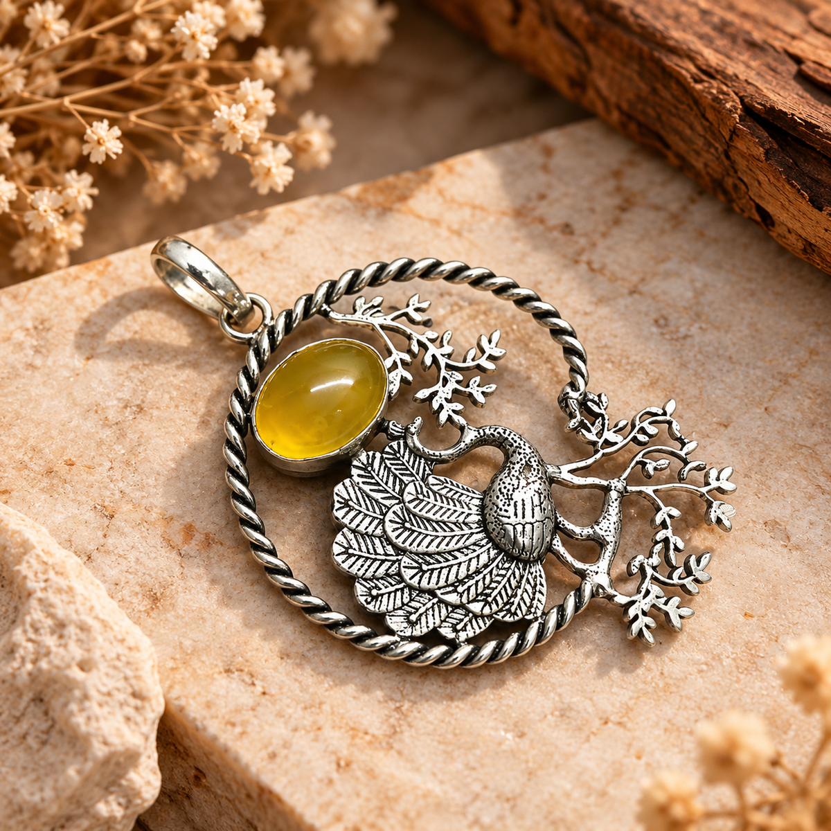 Boho Silver-Tone Peacock Yellow Onyx Pendant PEN656-SLV-NYO01