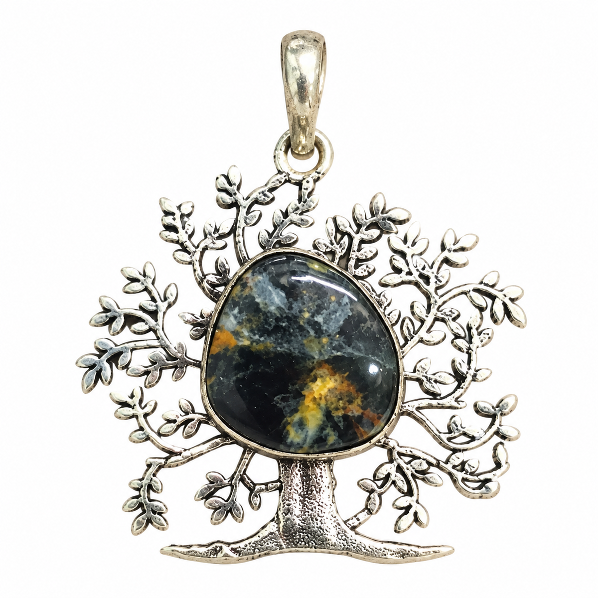 Boho Silver-Tone Tree of Life Pietersite Pendant PEN657-SLV-NPT01