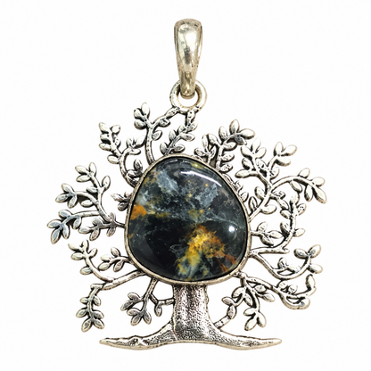 Boho Silver-Tone Tree of Life Pietersite Pendant PEN657-SLV-NPT01