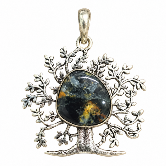 Boho Silver-Tone Tree of Life Pietersite Pendant PEN657-SLV-NPT01