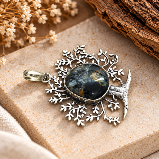 Boho Silver-Tone Tree of Life Pietersite Pendant PEN657-SLV-NPT01