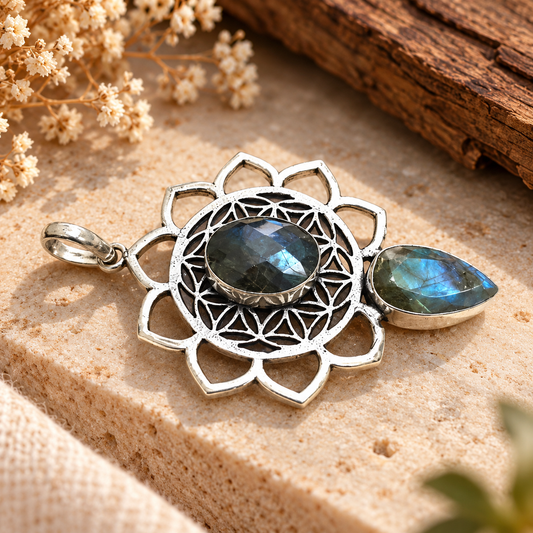 Boho Silver-Tone Lotus Labradorite Pendant PEN658-SLV-NLBD02