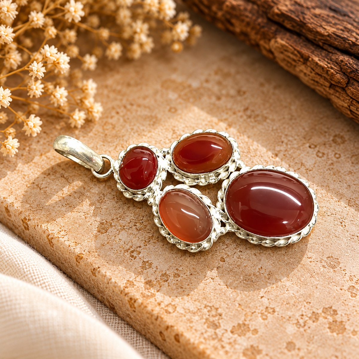 Red Onyx Multi Stone Silver Tone Boho Pendant PEN659-SLV-NRO04