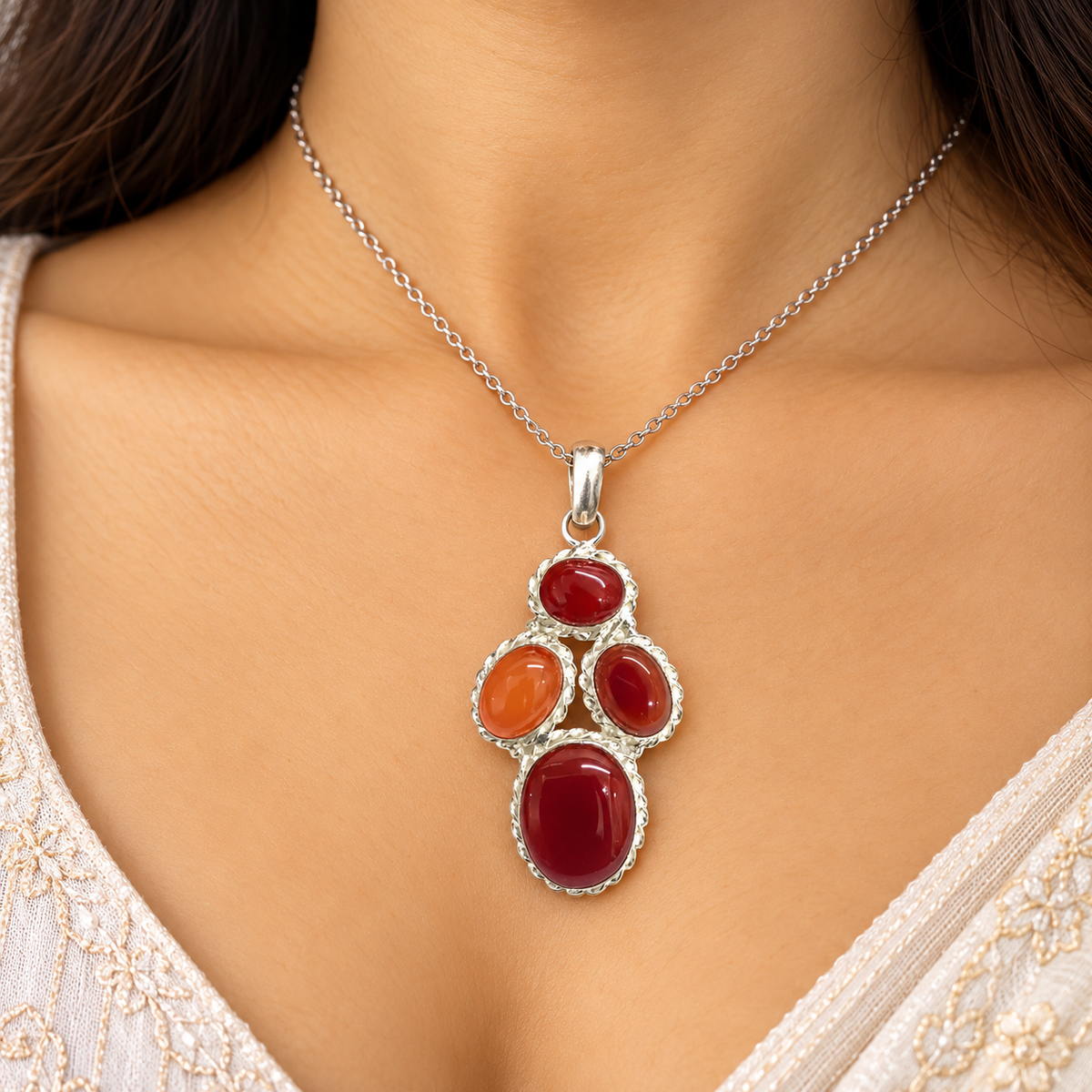 Red Onyx Multi Stone Silver Tone Boho Pendant PEN659-SLV-NRO04