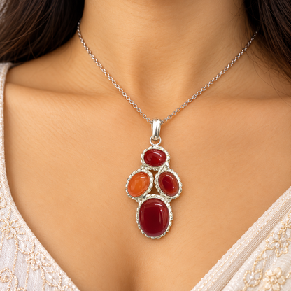 Red Onyx Multi Stone Silver Tone Boho Pendant PEN659-SLV-NRO04