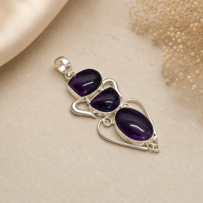 Natural Amethyst Pendant, Purple Gemstone Boho Statement Silver Jewel PEN66-SLV-NAMT03