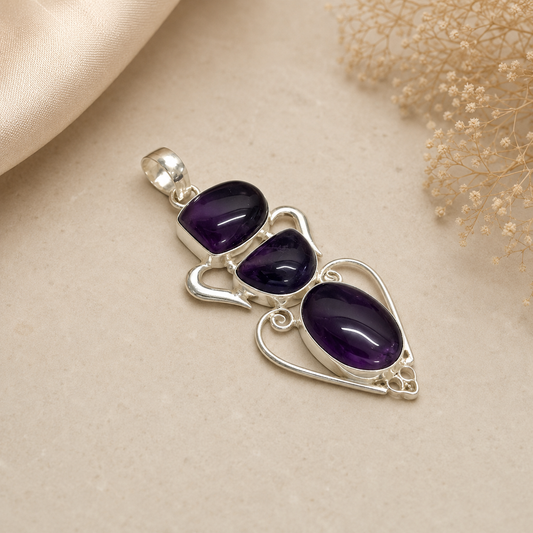 Natural Amethyst Pendant, Purple Gemstone Boho Statement Silver Plated PEN66-SLV-NAMT03
