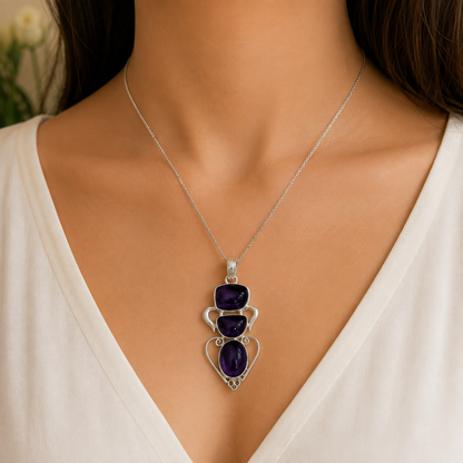 Natural Amethyst Pendant, Purple Gemstone Boho Statement Silver Jewel PEN66-SLV-NAMT03