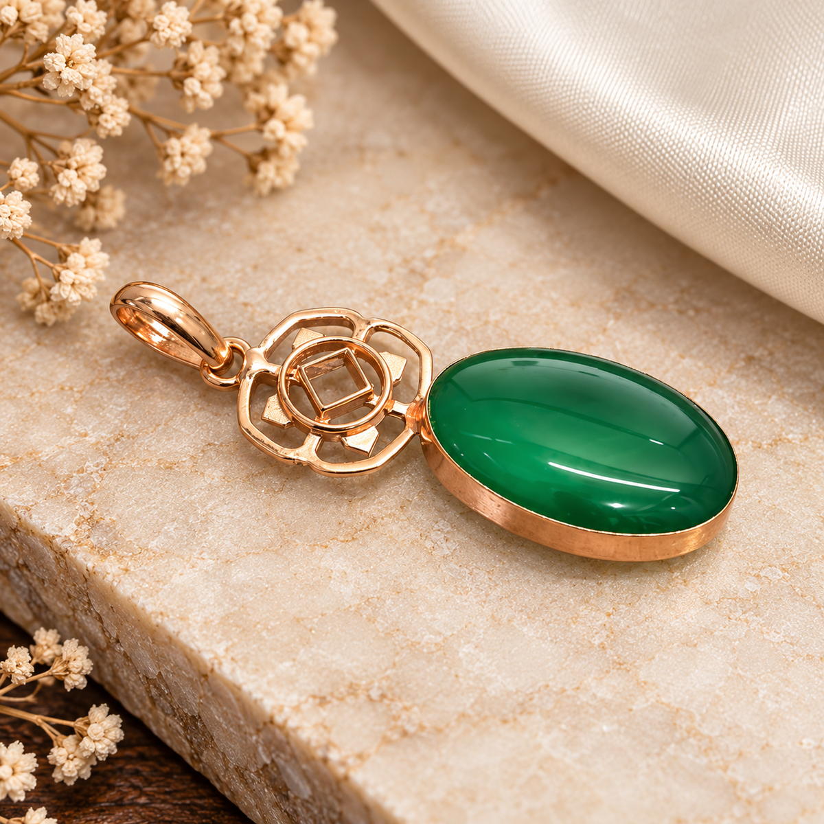 Green Onyx Pendant, Rose Gold Tone Oval Boho Jewelry Charm PEN660-RGLD-NGO01