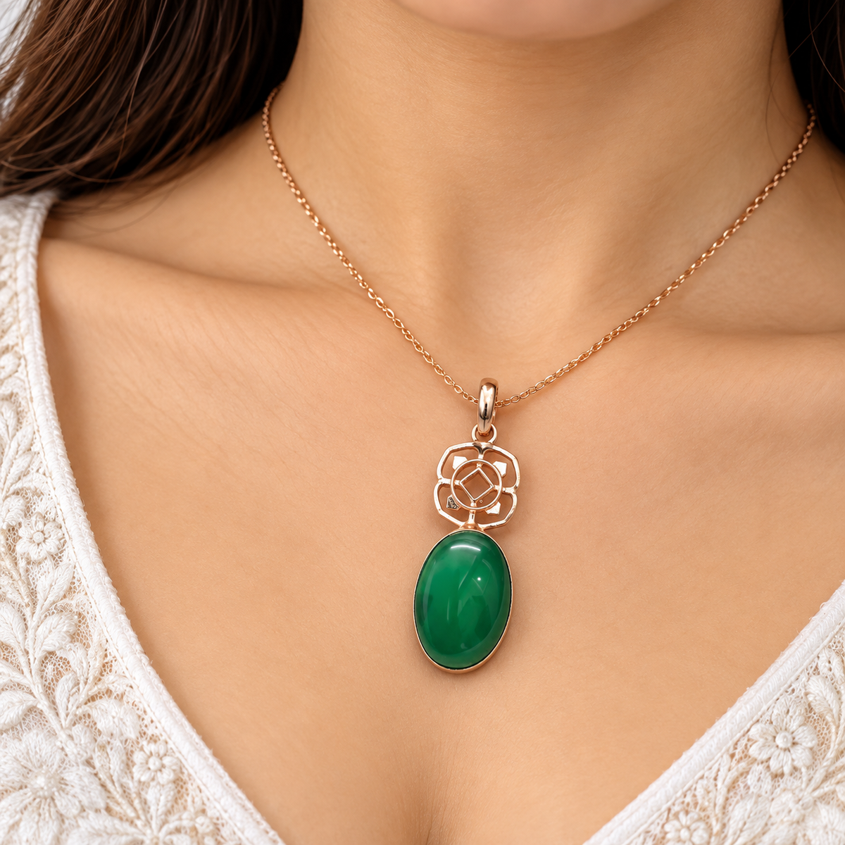 Green Onyx Pendant, Rose Gold Tone Oval Boho Jewelry Charm PEN660-RGLD-NGO01