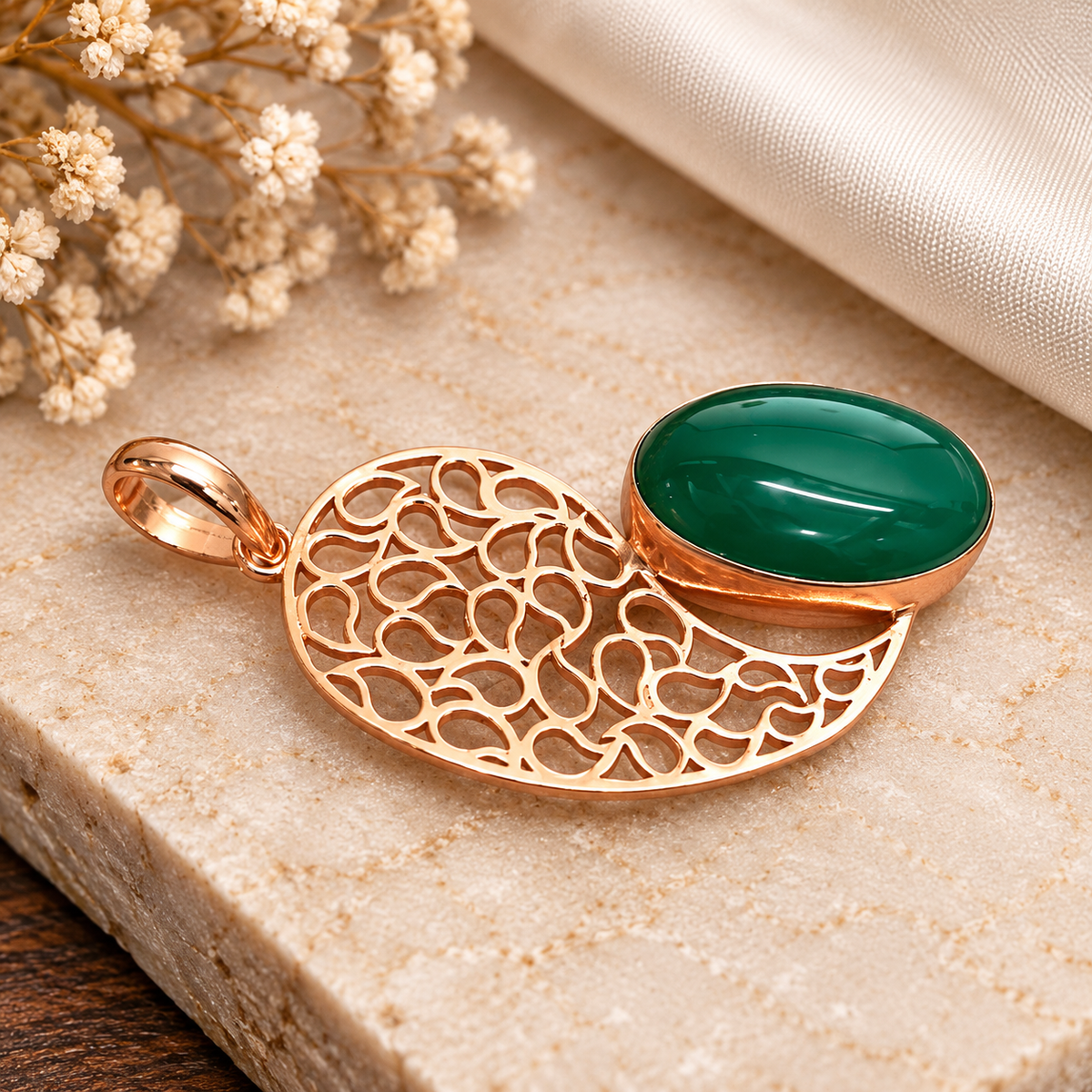 Green Onyx Pendant, Rose Gold Tone Filigree Boho Jewelry PEN661-RGLD-NGO01