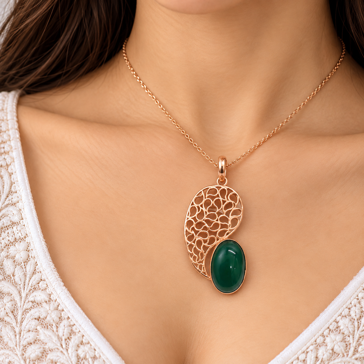Green Onyx Pendant, Rose Gold Tone Filigree Boho Jewelry PEN661-RGLD-NGO01