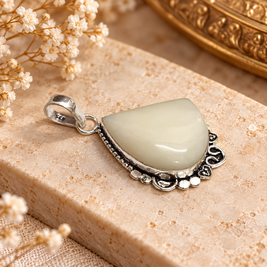 Boho Silver-Tone White Opalite Gemstone Pendant PEN662-SLV-NOPL01