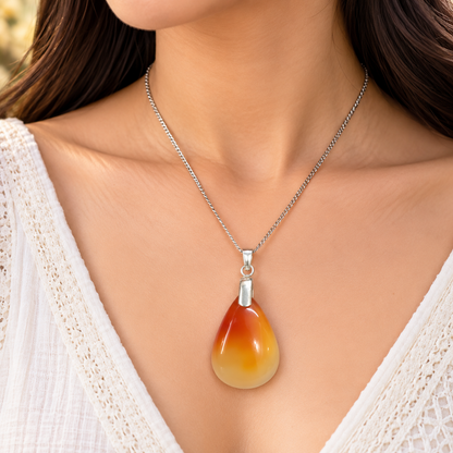 Orange Agate Teardrop Pendant in Elegant Silver Tone PEN665-SLV-NAG01