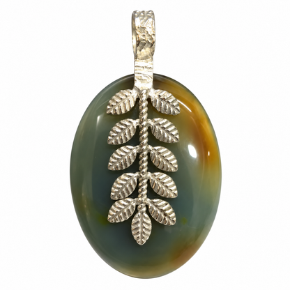 Green Agate Pendant with Silver Leaf Design for Women PEN666-SLV-NAG01