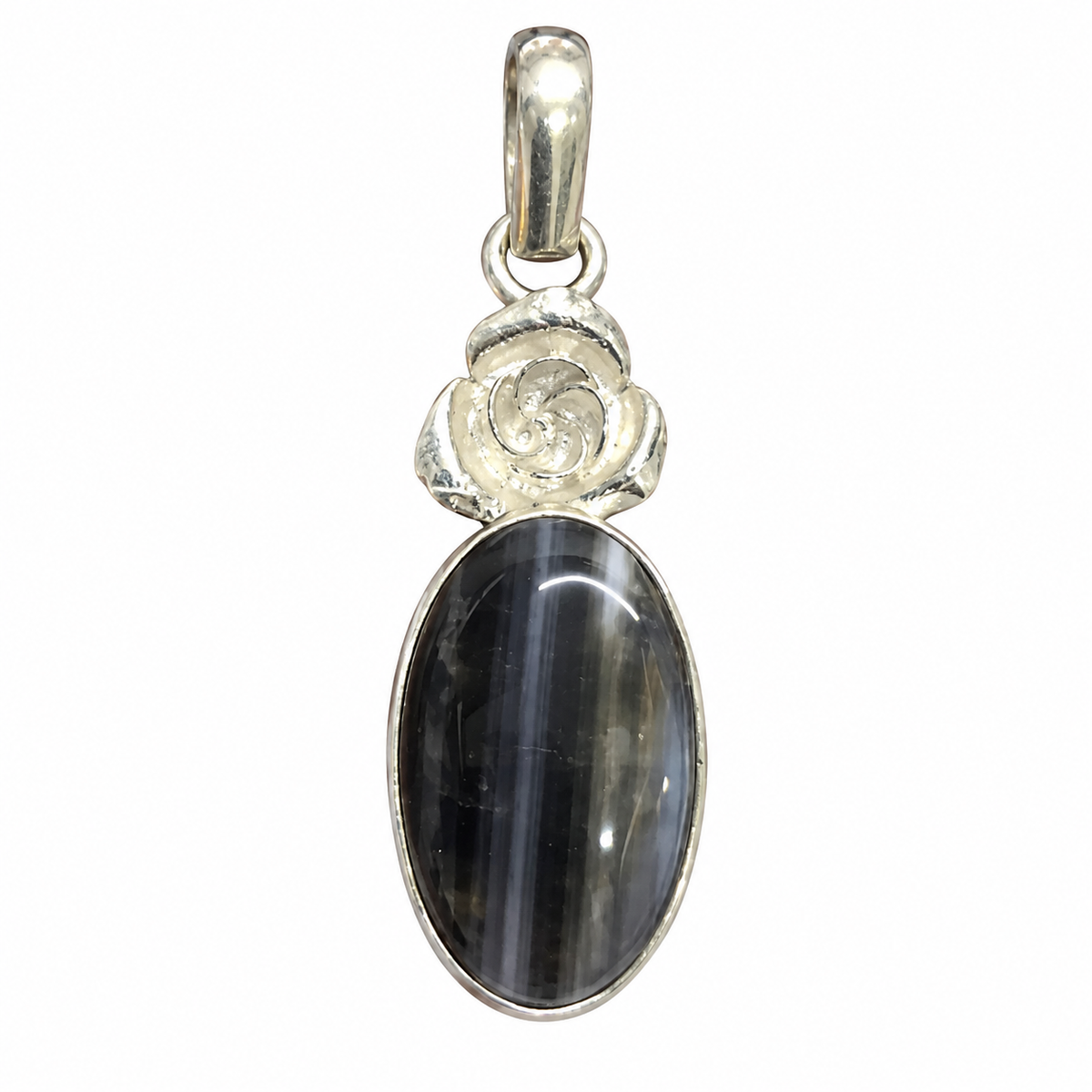 Black Agate Pendant with Silver Rose Design for Women PEN667-SLV-NAG01