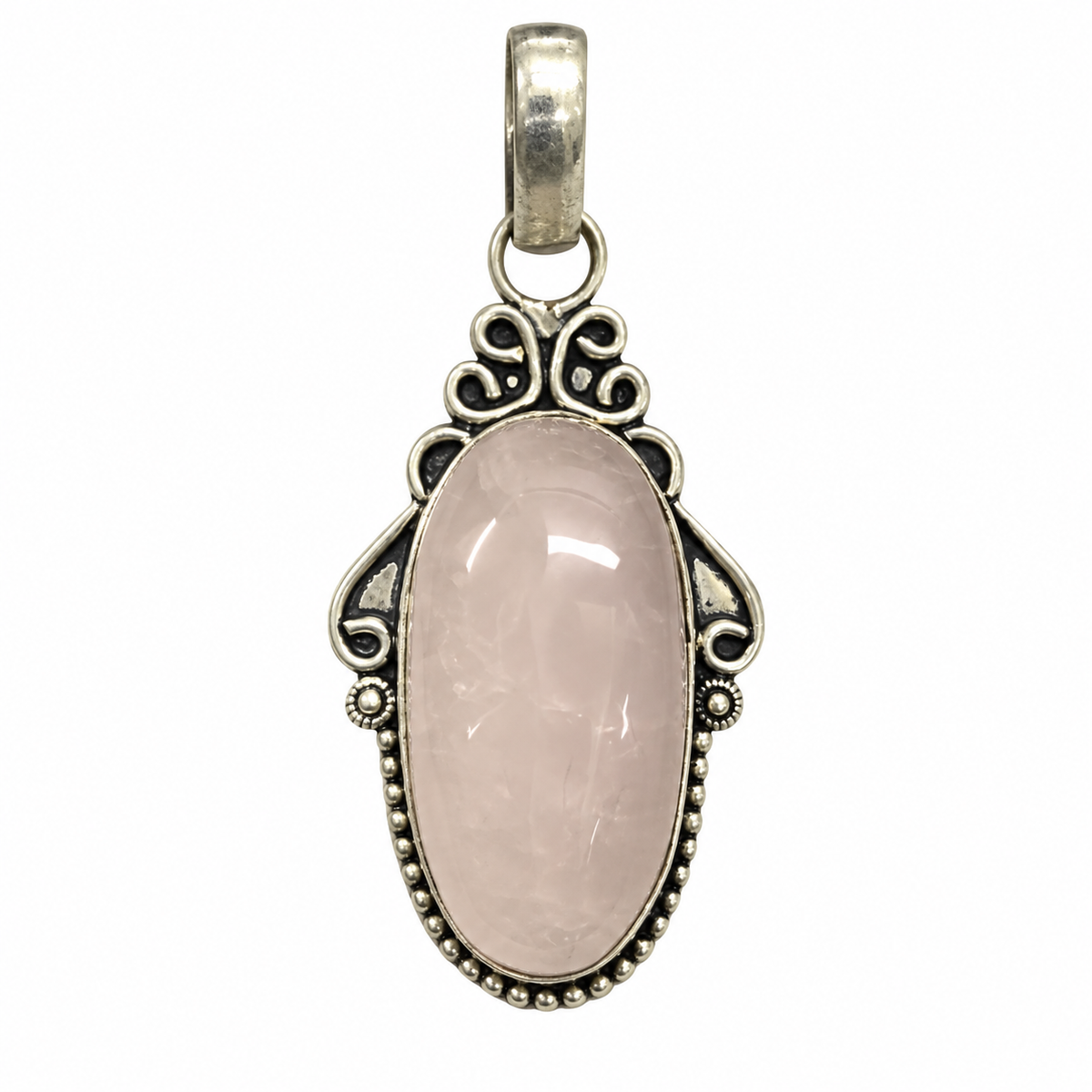 Rose Quartz Pendant with Vintage Silver Design for Women PEN669-SLV-NRQ01