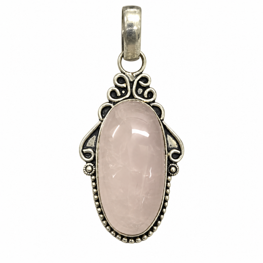 Rose Quartz Pendant with Vintage Silver Design for Women PEN669-SLV-NRQ01