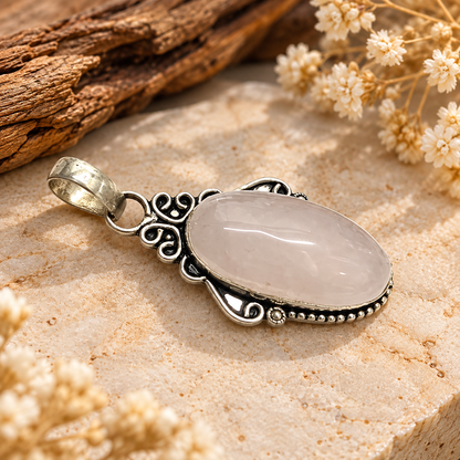 Rose Quartz Pendant with Vintage Silver Design for Women PEN669-SLV-NRQ01
