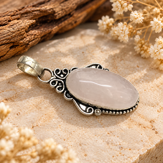 Rose Quartz Pendant with Vintage Silver Design for Women PEN669-SLV-NRQ01