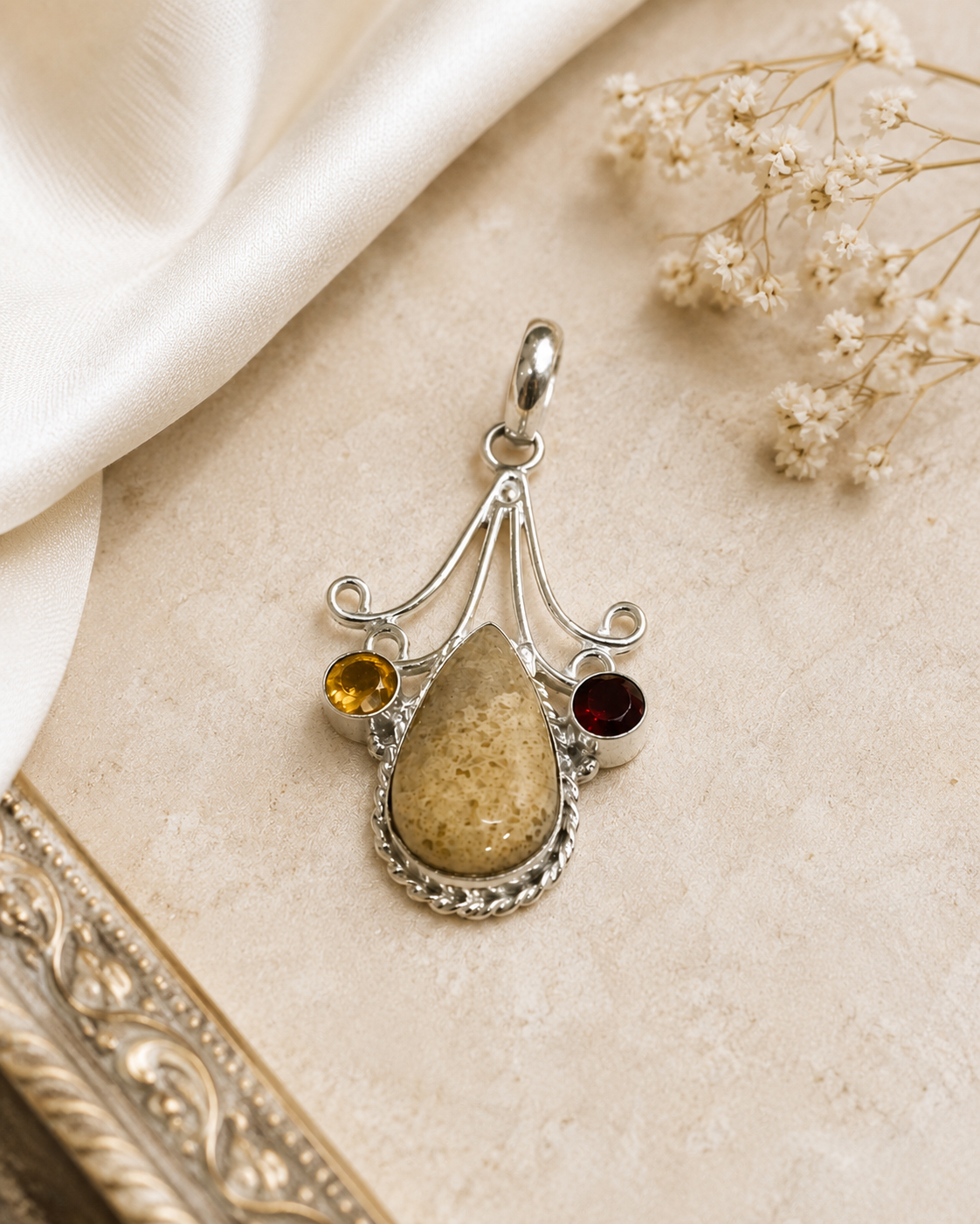 Natural Fossil Coral Pendant Citrine Garnet Silver Tone Boho Jewelry PEN67-SLV-NFC-LMUT03