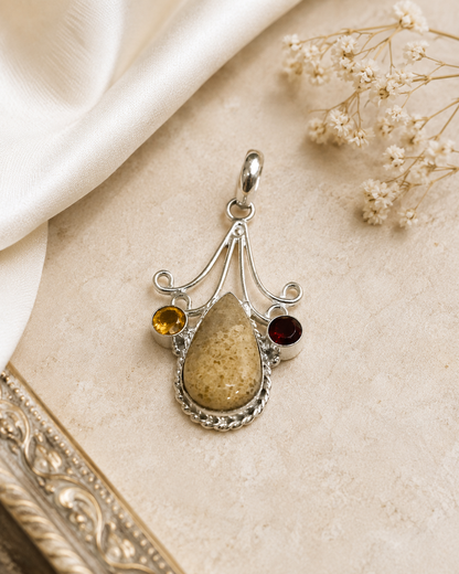 Natural Fossil Coral Pendant Citrine Garnet Silver Tone Boho Jewelry PEN67-SLV-NFC-LMUT03