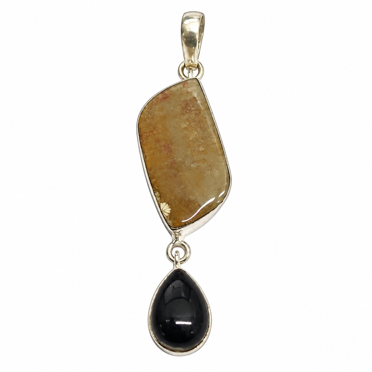 Fossil Coral and Black Onyx Pendant in Silver Tone for Women PEN672-SLV-NBO-NFC02