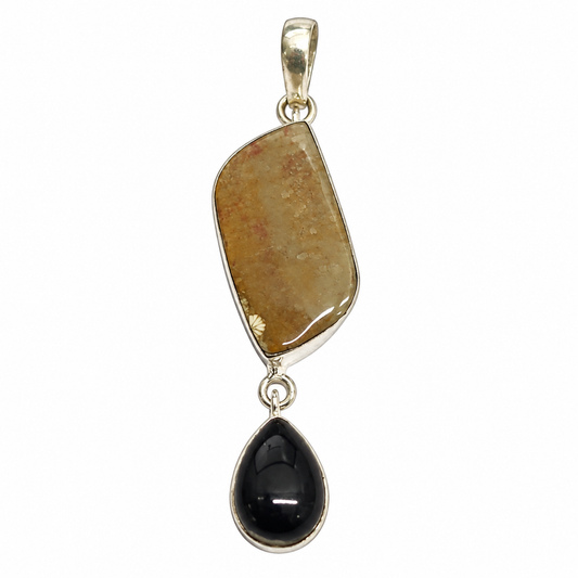 Fossil Coral and Black Onyx Pendant in Silver Tone for Women PEN672-SLV-NBO-NFC02