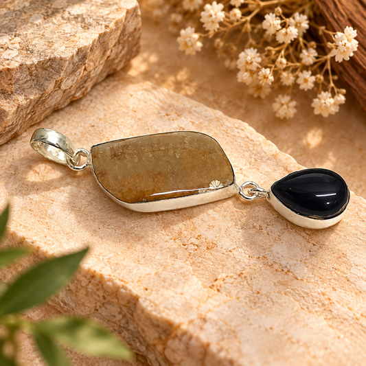 Fossil Coral and Black Onyx Pendant in Silver Tone for Women PEN672-SLV-NBO-NFC02